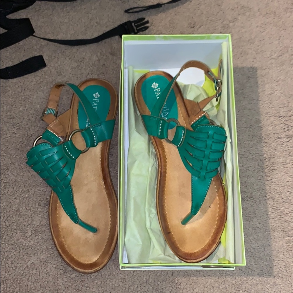 Pajar Green Teal Woven Leather T-Strap Sandals for Women